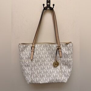 Michael Kors White & Tan Tote Bag-some outside & inside stains.no tears-see pics
